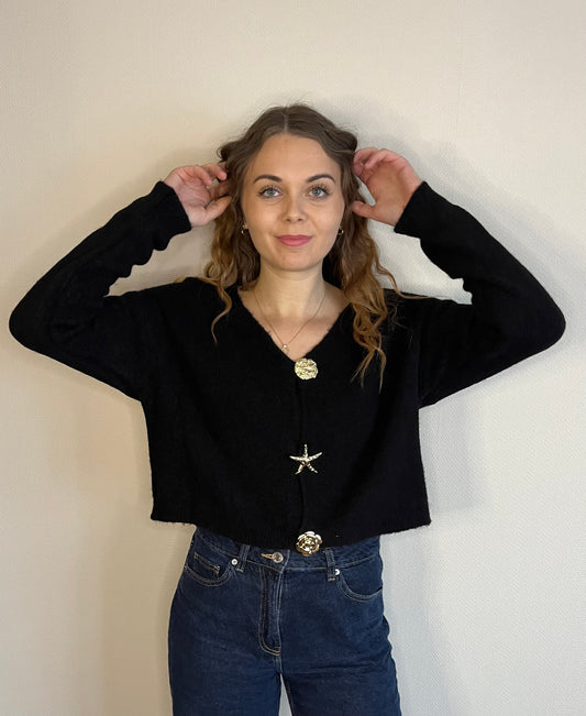 Gilet noir en alpaga a broches dorées