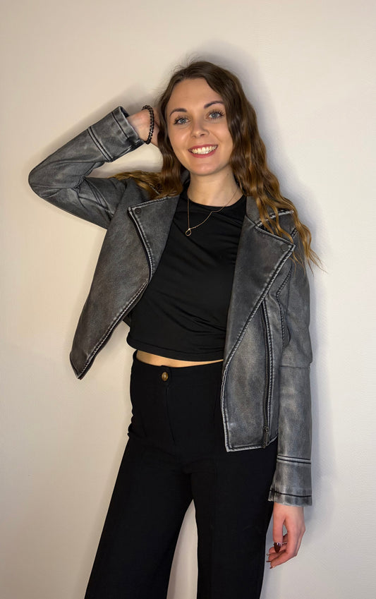 Veste simili cuir noir délavé