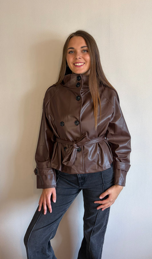 Veste similicuir col montant chocolat