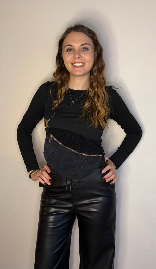 Sac banane bi-matière velour cotelé moumoute