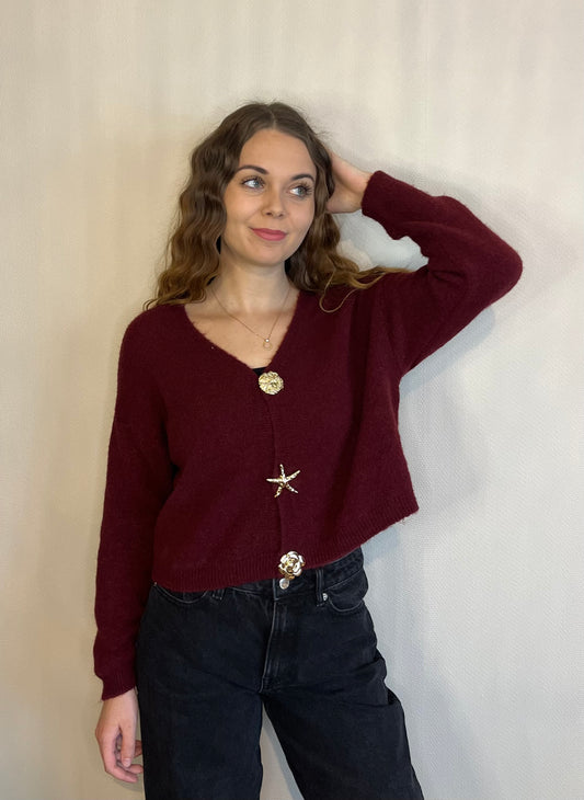 Gilet bordeaux en alpaga a broches dorées