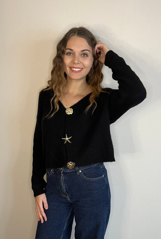 Gilet noir en alpaga a broches dorées