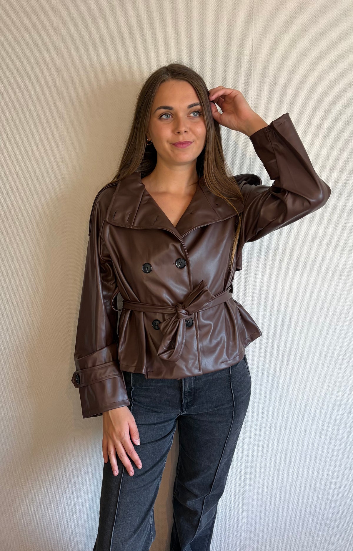 Veste similicuir col montant chocolat