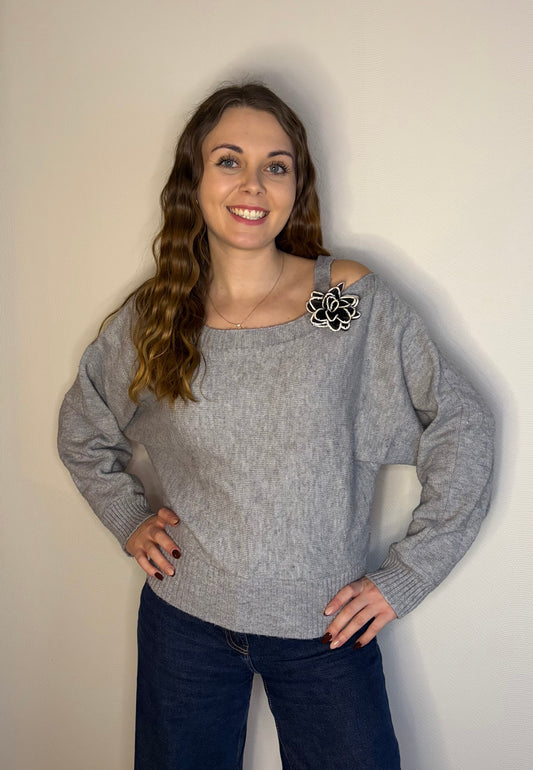 Pull à fleur gris