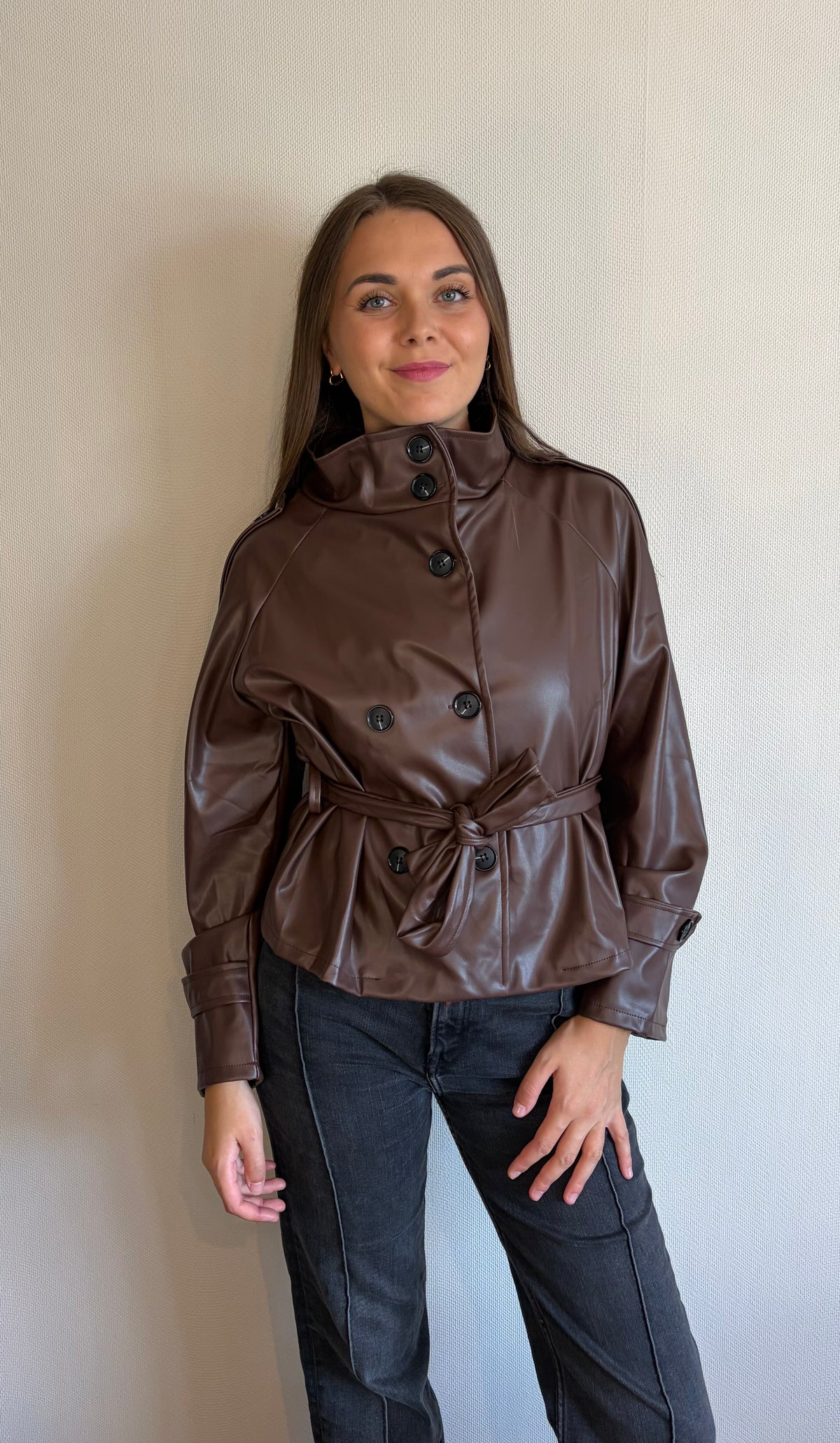 Veste similicuir col montant chocolat